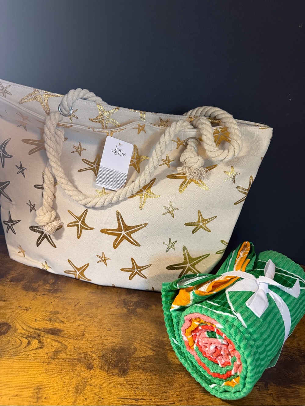 Star Fish Canvas Tote & Floral Beach Towel. NEW - Picture 2 of 7
